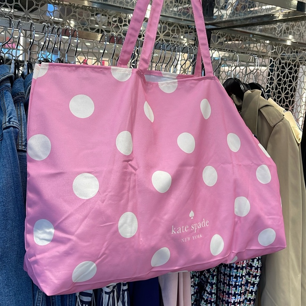 Kate Spade Soft Pink-White Polka Dots Canvas Tote XL Reusable Shopping Beach Bag - Picture 3 of 16